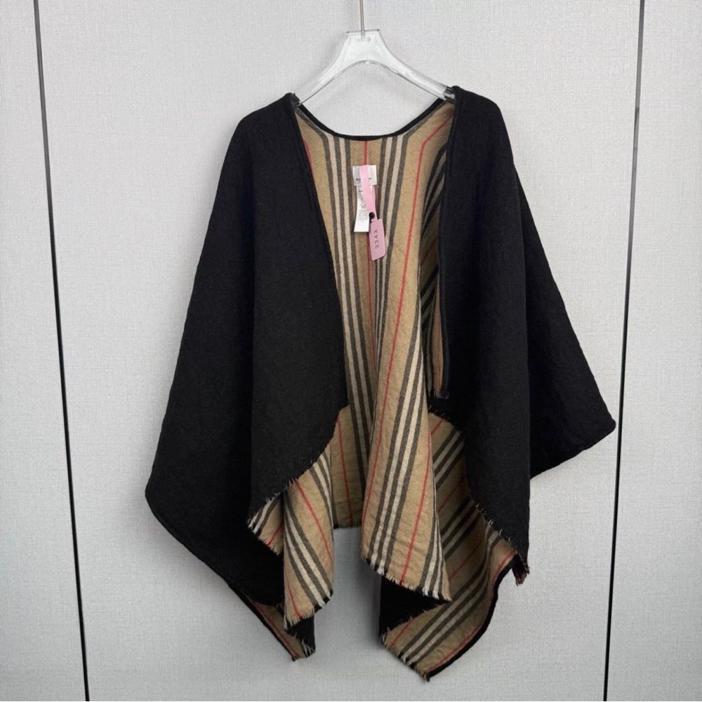 Burberry Black Cape with Tan and Red Stripes